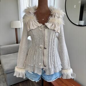 2000s Vintage Y2K La Seine Wool Blend Faux Fur Zip Up Sweater 00s Boho Size S
